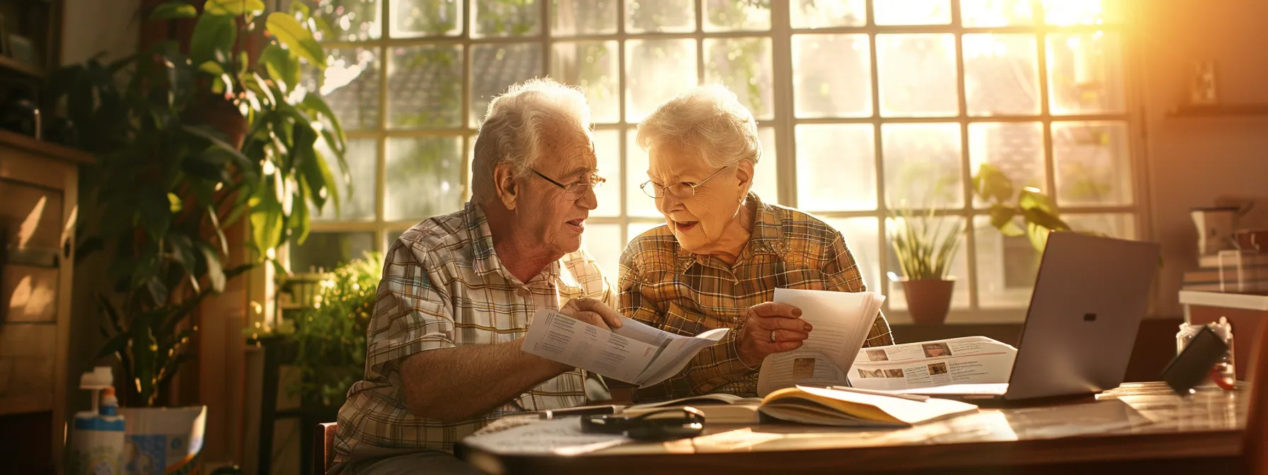 a senior couple attentively reviews vision insurance information in a sunlit room, surrounded by informative brochures and a laptop, highlighting the importance of staying updated on coverage changes.