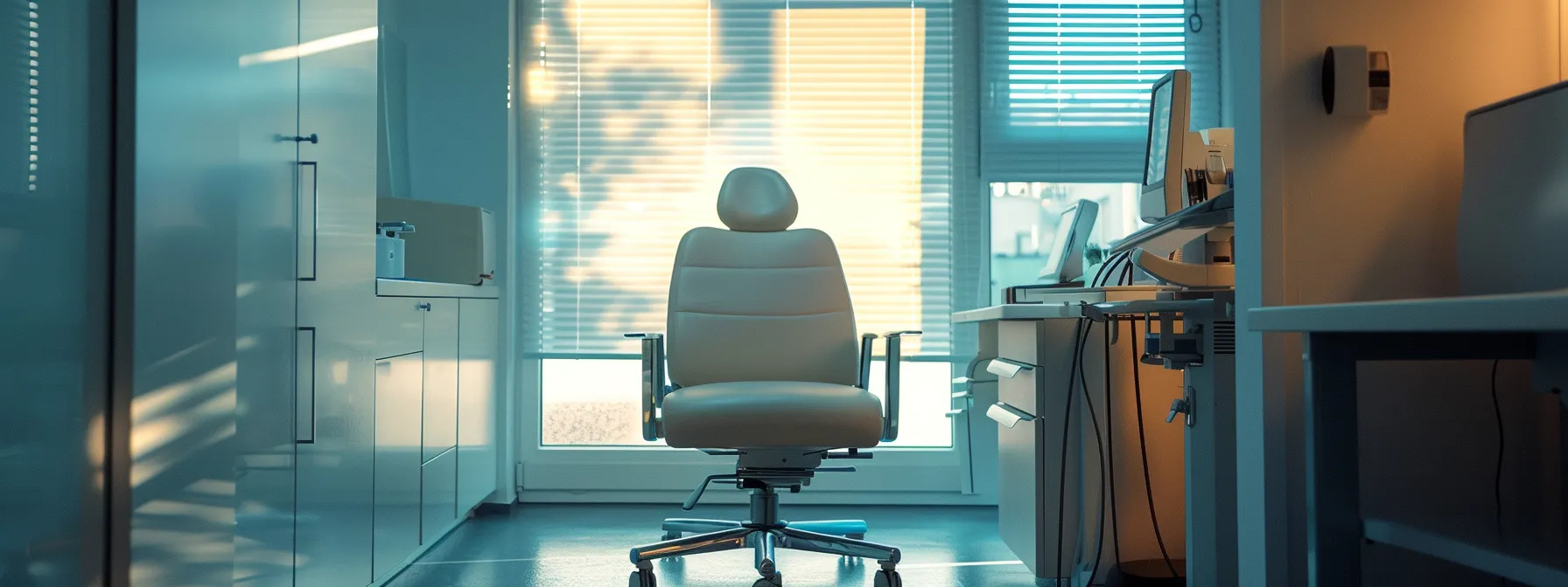 a serene and inviting optometrist's office, bathed in warm, natural light, features a comfortable examination chair set against a backdrop of sleek, modern eye care equipment, symbolizing the importance of professional eye care and comprehensive vision assessments.