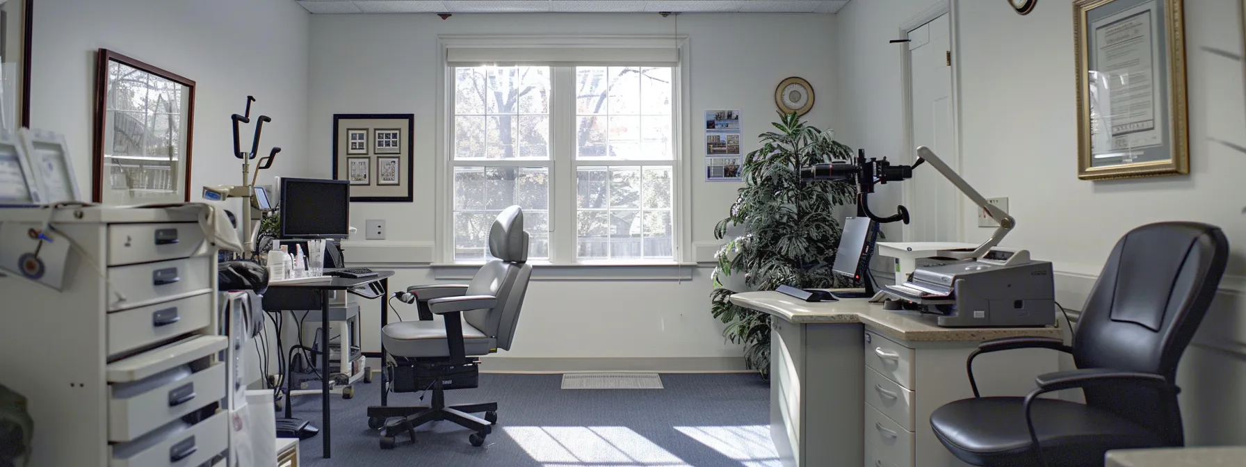 a serene and inviting optometrist's office bathed in natural light, featuring an attentive senior patient receiving an eye examination that highlights the importance of medicare-covered vision care services for maintaining eye health.