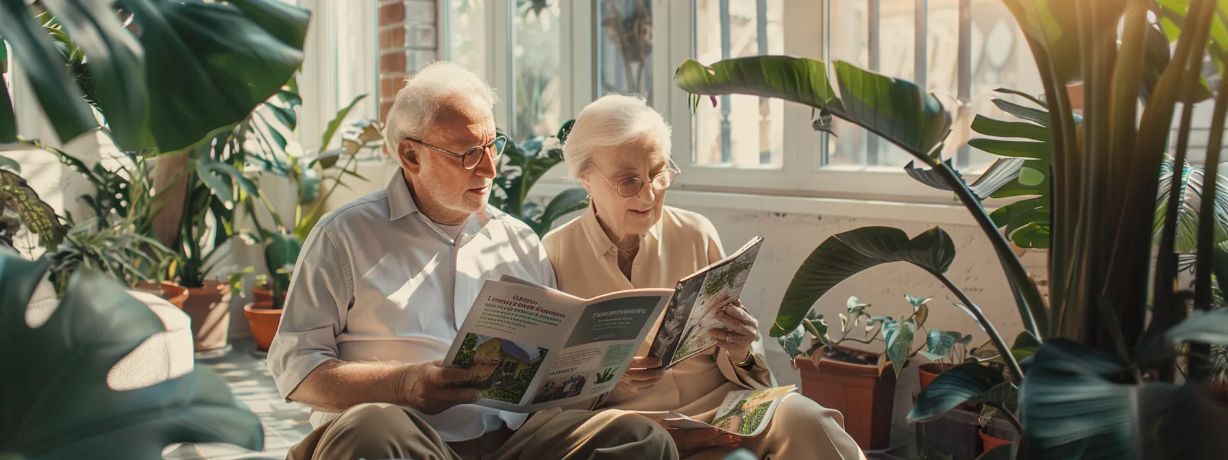 a serene elderly couple reviews colorful brochures on vision insurance in a sunlit room, surrounded by potted plants, conveying a sense of informed decision-making and care for their health.
