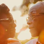 a serene senior couple sitting outdoors, wearing stylish glasses, deeply engaged in a vibrant discussion about vision insurance and medicare under soft, golden sunlight, conveying warmth and shared wisdom.