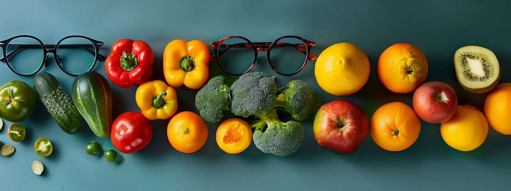 a vibrant, health-focused still life featuring fresh fruits and vegetables artfully arranged beside a pair of stylish glasses, symbolizing the connection between diet, vision care, and hypertension management under soft, natural lighting.
