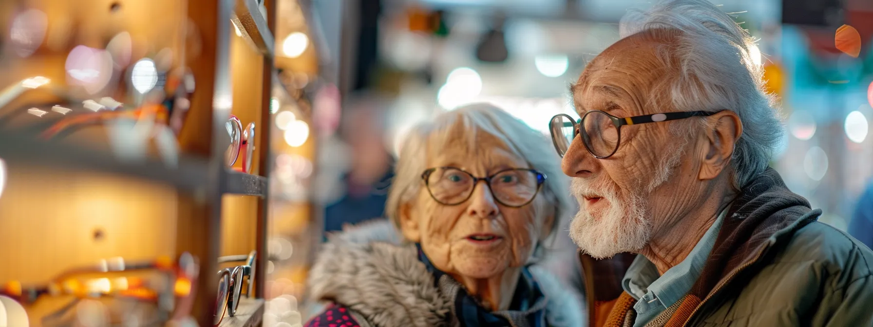 an elderly couple thoughtfully examines a range of eyeglasses in a bright, inviting optical shop, surrounded by colorful displays of eyewear, symbolizing the pursuit of affordable vision care options.
