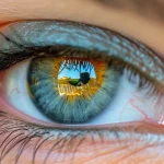 an ethereal close-up of a vibrant human eye, reflecting vivid colors of a sunset, symbolizes the delicate interplay of diabetes and eye health, with a soft focus on the subtle blood vessels hinting at diabetic retinopathy.